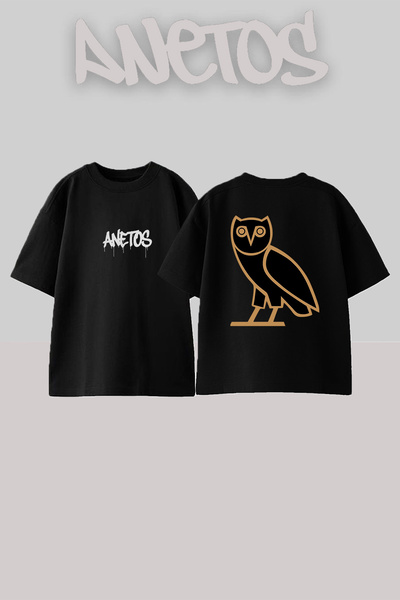 Anetos Stylized Owl Design Printed Unisex Oversize Black Tshirt
