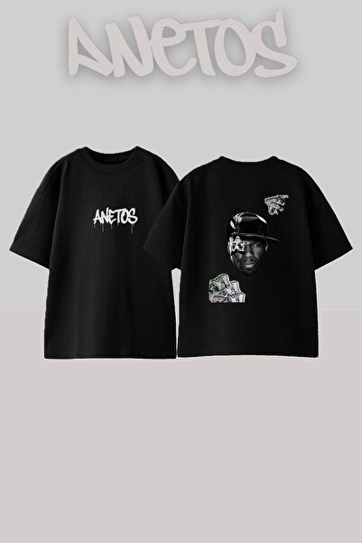 Anetos تيشيرت أسود كبير الحجم مطبوع بتصميم 50 Cent_41 للجنسين