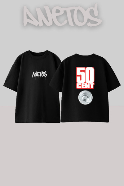 Anetos تيشيرت أسود كبير الحجم مطبوع بتصميم 50 Cent_37 للجنسين
