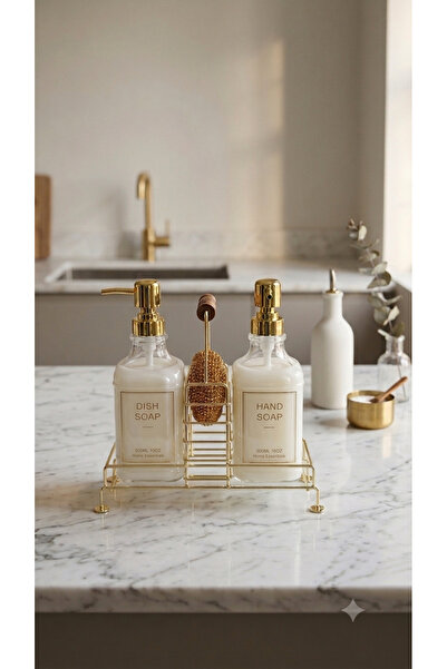 Dia 2-Piece Gold Liquid Soap Dispenser Set with Metal Stand / 500 ml Kitchen ...