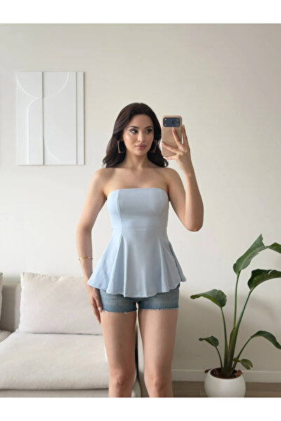 Zoom Butik Volanlı Straplez Bluz - MAVİ