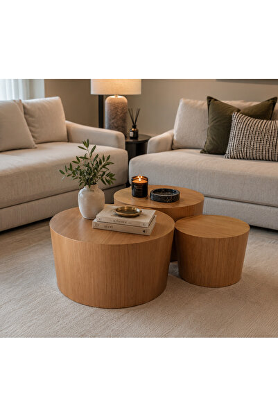 casa nexa 3'lü Yuvarlak Orta Sehpa Seti Ahşap MDF Lam Modern Salon Sehpası İç...