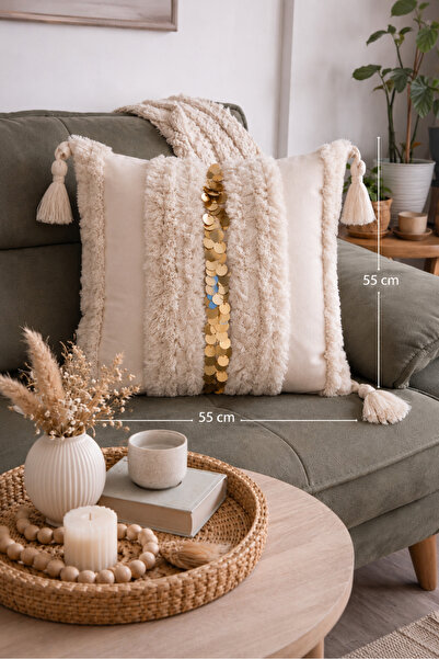 Kubrahobi غطاء وسادة بوهيمي مصنوع يدويًا مقاس 55×55 مزين بالترتر