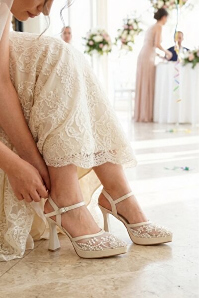 ModaNef Women's 10 cm Platform Stylish Mesh Pearl Detailed Bridal and Evening...