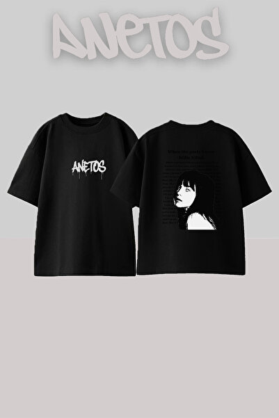 Anetos Μπλουζάκι Billie Eilish_87 με στάμπα σχεδίου, Unisex, Oversize, Μαύρο