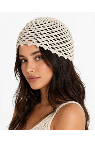 NEHOLİA Women's Beige Hand Knitted Perforated Summer Beanie Bohemian Hair Bea...