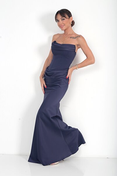 By Saygı Women's Strapless Lined Draped Crepe Satin Long Dress