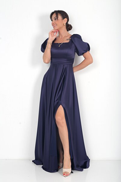 By Saygı Women's Balloon Sleeve Square Neck Skirtflared Lined Satin Long Dress