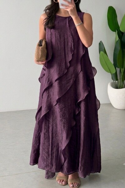 Suziş Damson Color Front Ruffle Sleeveless Long Dress 3450