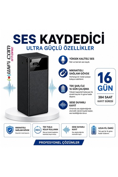 WİFİCAM Sese Duyarlı Sensörlü Ses Kayıt Cihazı 16 Gün Şarj Süresi