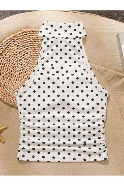 poswicon White Polka Dot Halter Neck Gathered Draped Stylish Cropped Blouse