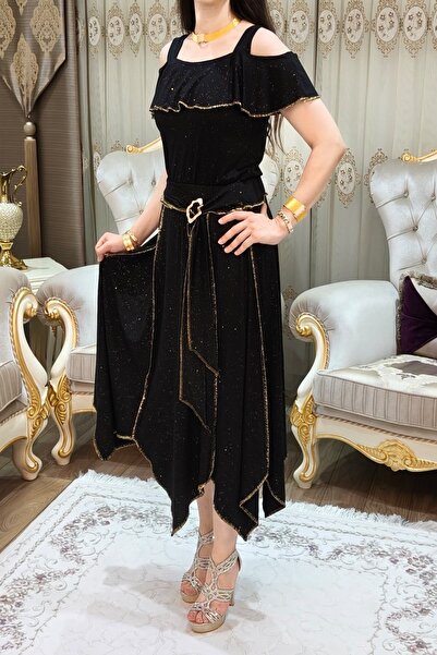 bizim butik Simli Tokalı Kemerli Omuz ve Kol Detaylı Etek Bluz Takım İkili Ta...