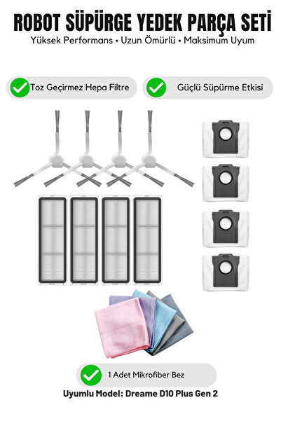 Asgard Grup Compatible with Dreame D10 Plus Gen 2 4 White Side Brushes 4 Filt...
