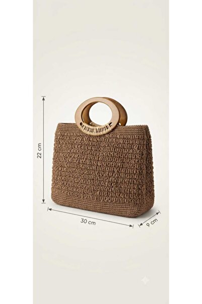 ZİVORA Women's Brown Hand Knitted Bag with Wooden Handle Bohemian Summer Hand...