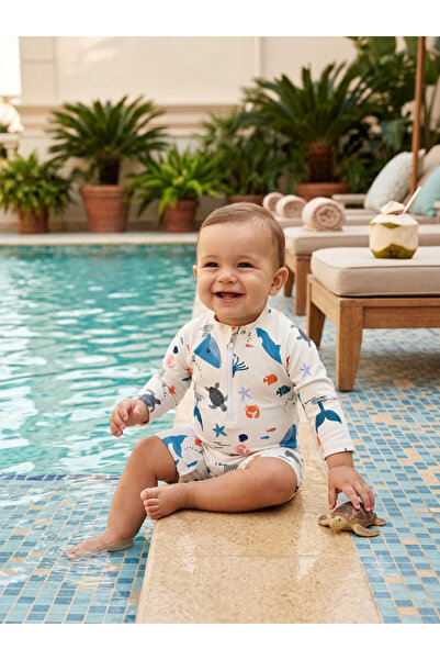Bebella&Baby Baby Boy Sea Animals Patterned Zippered Sea Pool Swimsuit