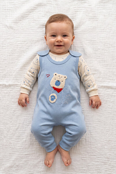 cekic kids Baby Boy Blue Teddy Bear Figured Snap-On Jumpsuit and Patterned Ba...