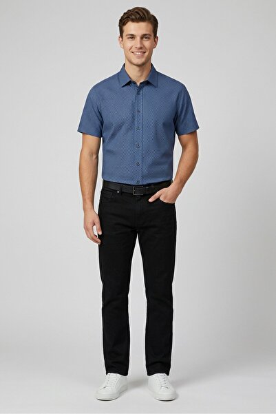 Max Crown Men Performance Fit Short Sleeve Allover Print Casual Shirt, Navy
