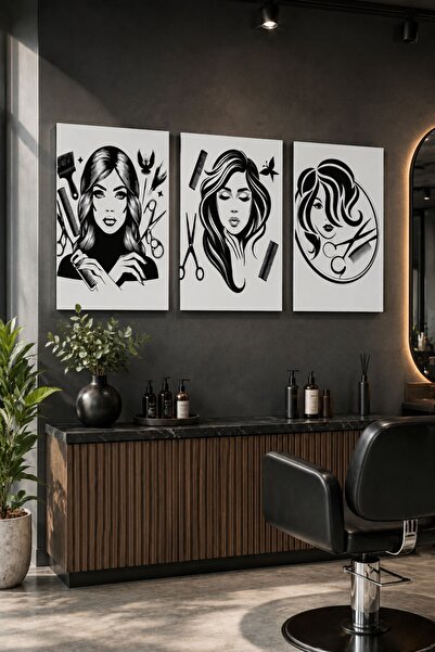 PANDA SOKAĞI 3'lü Kuaför Salonu Dekoratif Ahşap Duvar Tablosu 30x42 cm – 3 mm...