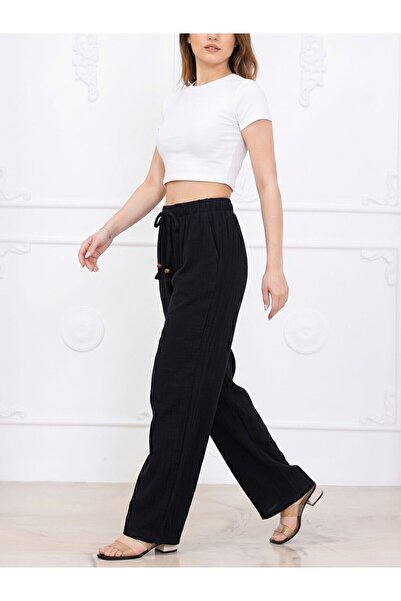 Flubutik Women's Cotton Muslin Fabric Loose Trousers Dark Black