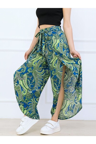 Flubutik Women's Green Ethnic Waist-Tie Woven Trousers with Envelope Flap