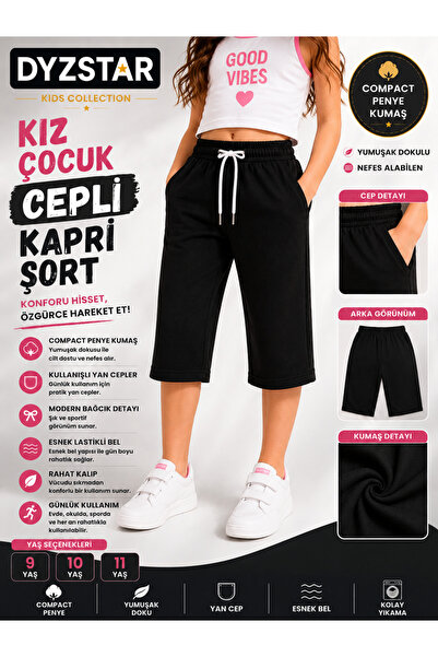 DYZSTAR Kız Çocuk Cepli Kapri Şort Siyah Compact Penye Rahat Kalıp Lastikli B...