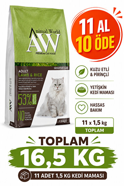 Animal World Adult Lamb & Rice Hassas Bakım Yetişkin Kedi Maması 1,5 kg x 11 ...