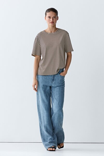 Massimo Dutti %100 pamuklu kısa kollu çizgili t-shirt