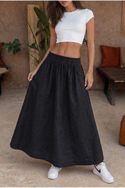 alanora Women's High Waist Elastic Waist Linen Blend Skirt with Pockets