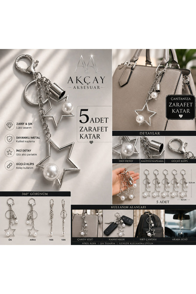 Akçay Aksesuar Pearl Star Bag Ornament 5 Pieces