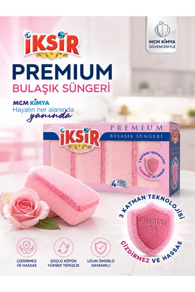 IKSIR Premium Bulaşık Süngeri 4’lü Paket Pembe Çizdirmez Hassas Yüzey Temizlik Süngeri