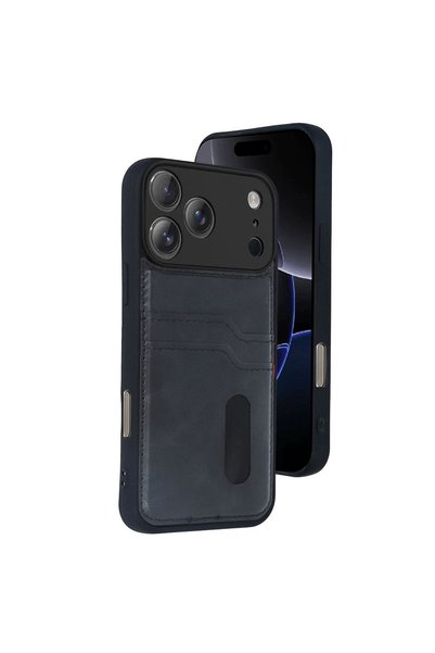 atastore2017 iPhone 17 Pro Sara Leather Case with Business Card Holder - Black