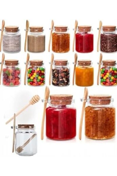 Yıldızan Glass Jar Set, 350 Ml, with Cork Lid, Wooden Honey Spoon, Kitchen St...
