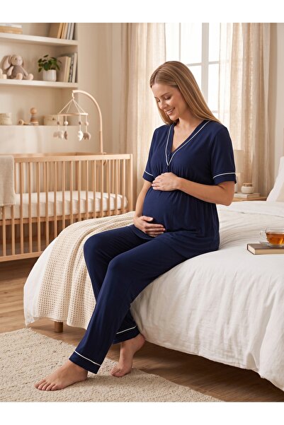Lohusa Homewear Yeni Sezon Lacivert Kısa Kollu Düğmeli Emzirme Özellikli Tasa...