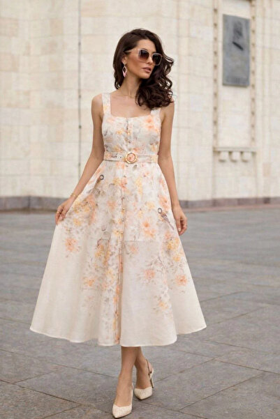 AsprinFashion Women's Floral Patterned Belted Midi Dress with Button Detail –...