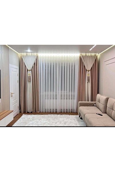 LOUIS DESIGN YSK Set Draperii Catifea Bicolor Bej + Capuccino + Perdea Voal Alb