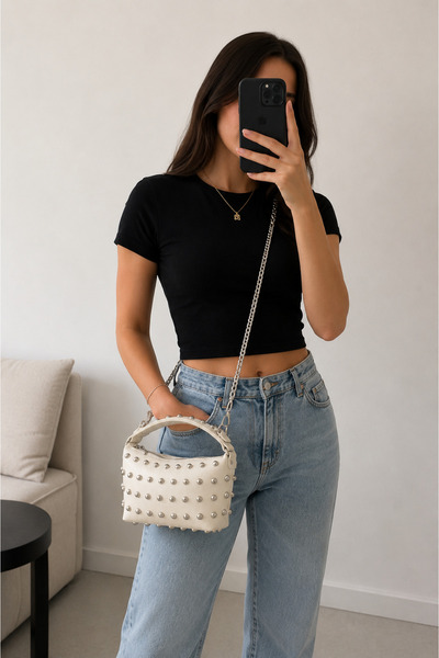 DIA Accessories Krem Zımbalı Kadın El & Omuz Çantası