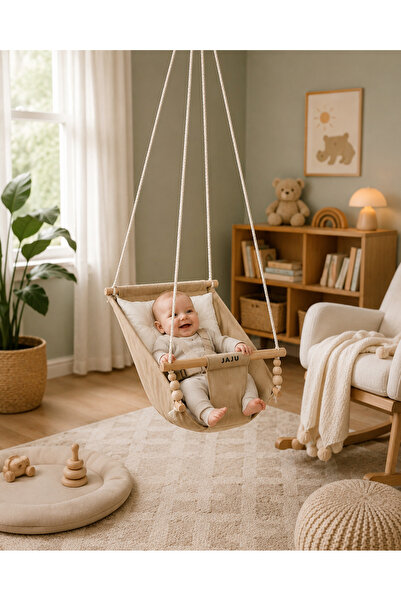 Jaju Baby Jaju Rüya Ahşap Bebek Hamak %100 Pamuklu Ev Tipi Tavan Salıncak Bej...