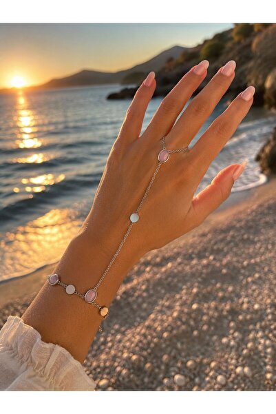 yes ticaret Silver Color Steel Şahmeran Hand Chain Women's Bracelet with Pink...