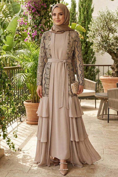 Neva Style Abaya cu dantelă Guipure, bej închis, cu detalii, stil Tesettür 63...