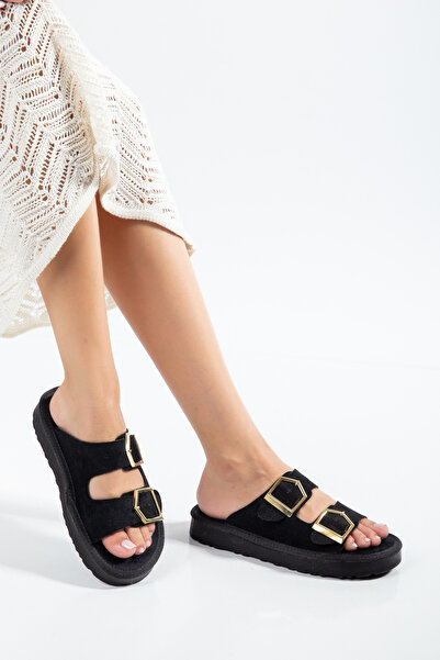 derim shoes Women's Double Buckle Black Cork Sole Daily Summer Slippers Comfo...
