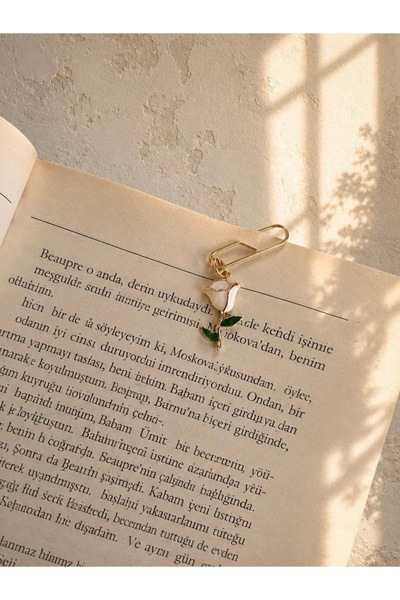 TekinAksesuar15 Beyaz Lale Kitap Ayracı | Zarif Metal Kitap İmi