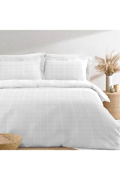 PIZUNA Cotton Checkered Duvet Cover Queen Size 230x220 cm White, 300 TC Long ...