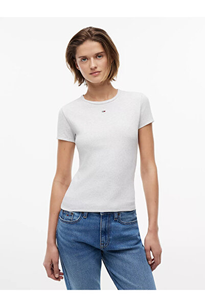 Tommy Hilfiger Kadın Slim Fit Yatay Çizgili Yuvarlak Yakalı Kısa Kollu Gri T-...