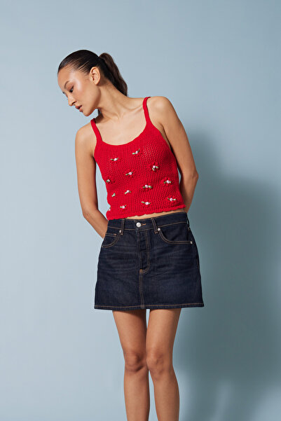 Nisan Flowered Pompom Tricotated T-Shirt Red