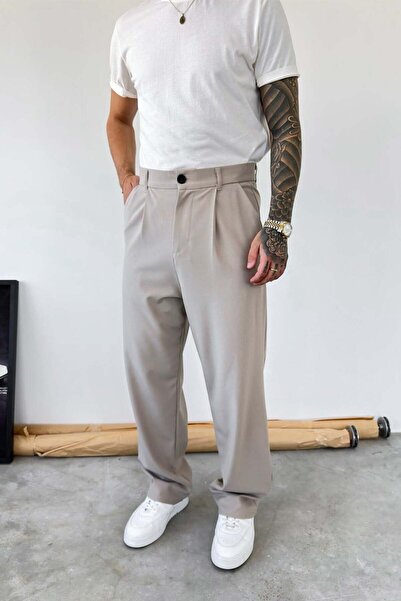 HAFKAGİYİM Beige Pleated Baggy Fit Fabric Trousers