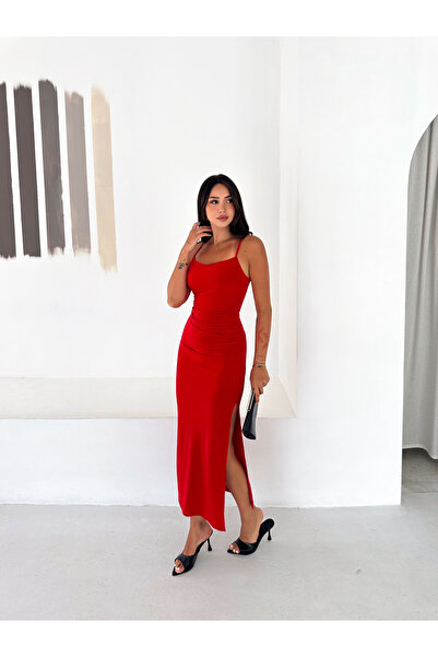 FEWTİNT Few Tint Women's Red Strap Slit Detailed Side Gathered Midi Dress Bod...