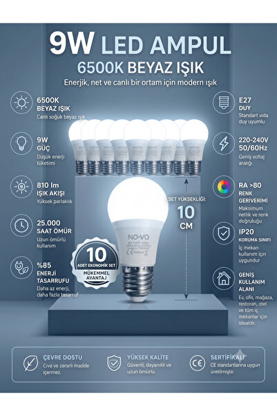 Novo Ampul 10 Adet 9W LED Ampul E27 Duy BEYAZ IŞIK 6500K ,810 Lümen – Enerji ...