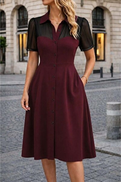 Aymood Women's Short Sleeve Collared Front Buttoned Midi Imported Crepe Dress
