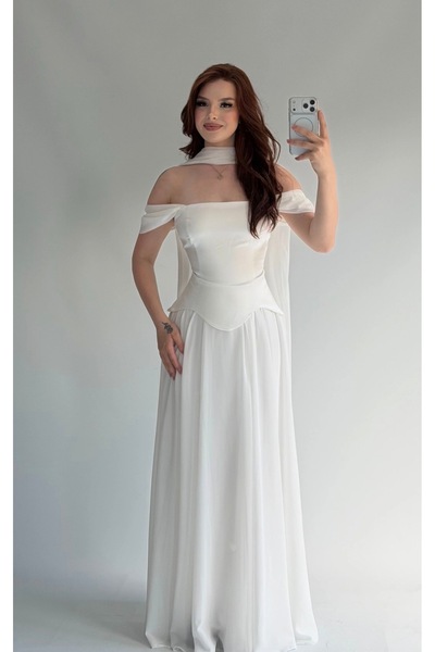 ayşenur Dinçer butik Luvia Saten Korseli Fularlı Abiye Beyaz