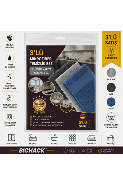 BICHACK 3’lü Mikrofiber Solingen Temizlik Bezi Açık Gri - Antrasit - Mavi | Ç...